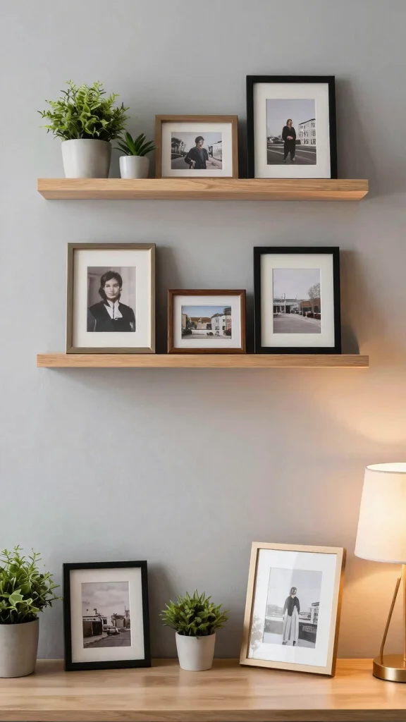 12 5x7 Picture Frame Wall Ideas for a Compact Layered Display - 6. Layered Shelf Display 1