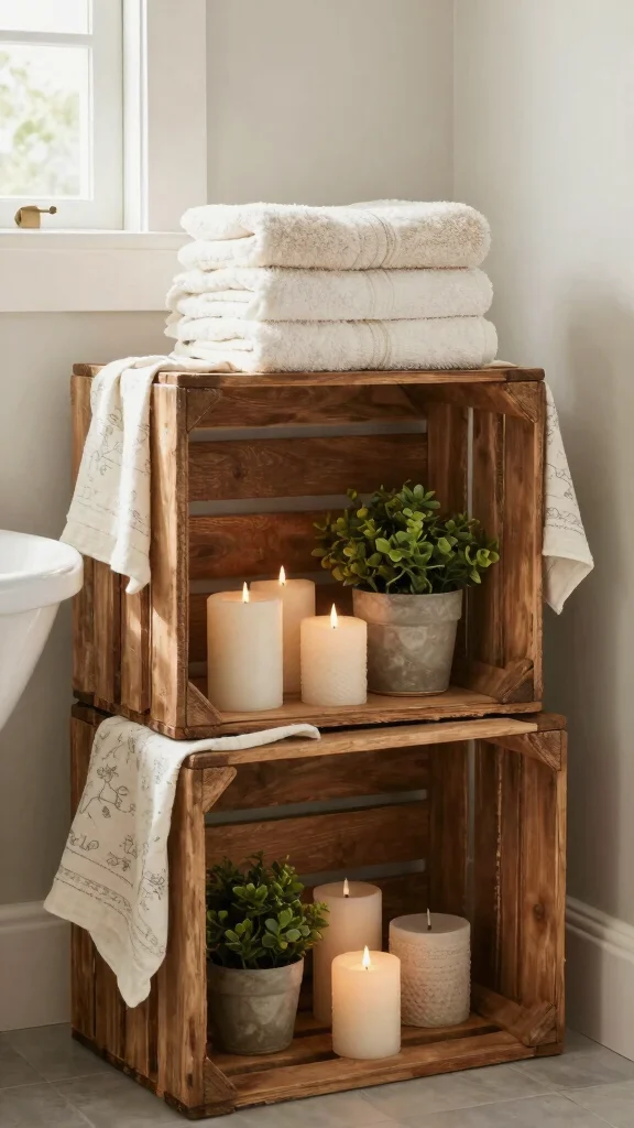 12 Bathroom Basket Decor Ideas That Are Functional and Beautiful - 4. Rustic Wooden Crates for Vintage Charm 1