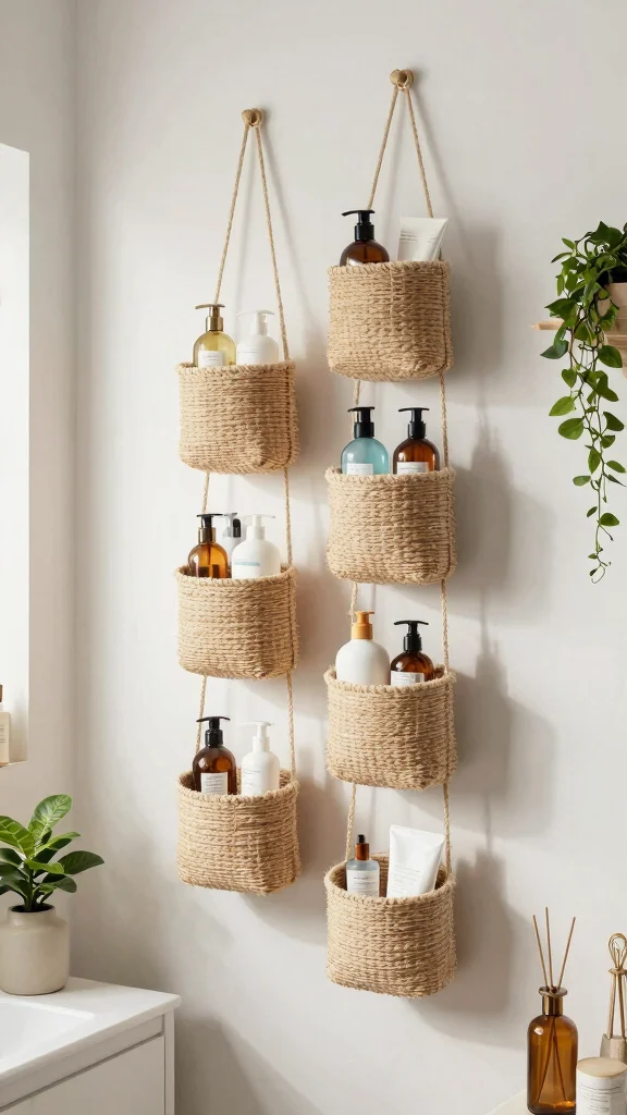 12 Bathroom Basket Decor Ideas That Are Functional and Beautiful - 6. Hanging Baskets for Vertical Storage 1