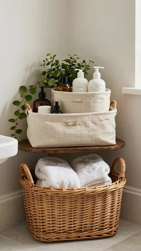 12 Bathroom Basket Decor Ideas That Are Functional and Beautiful - 9. Layered Baskets for Textured Appeal 1