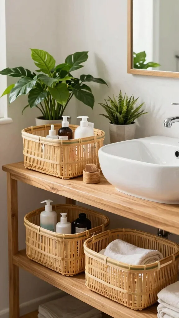 12 Bathroom Basket Ideas for Towels, Toiletries, and Tidy Surfaces - 2. Bamboo Baskets 1