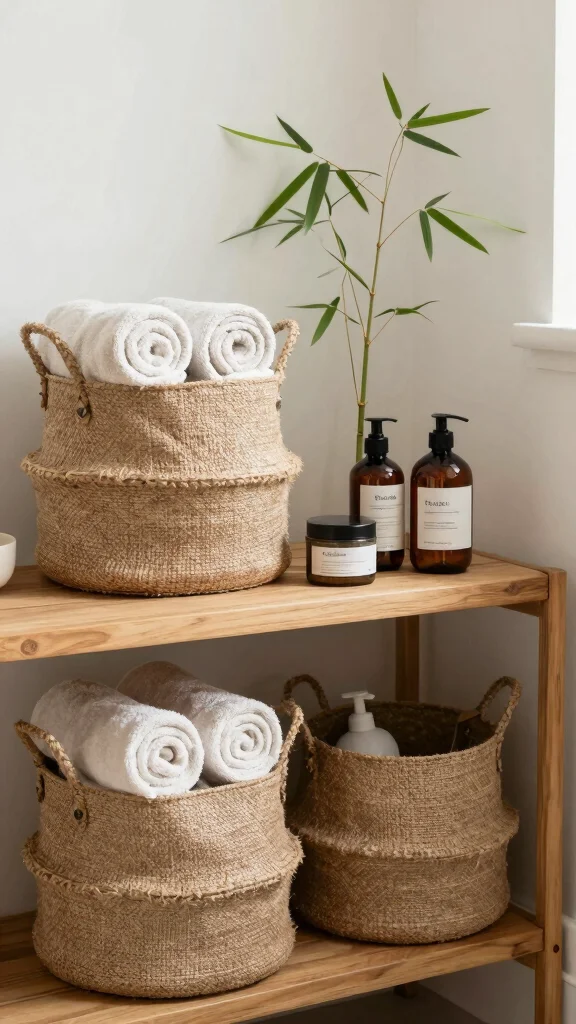 12 Bathroom Basket Ideas for Towels, Toiletries, and Tidy Surfaces - 6. Upcycled Jute Baskets 1