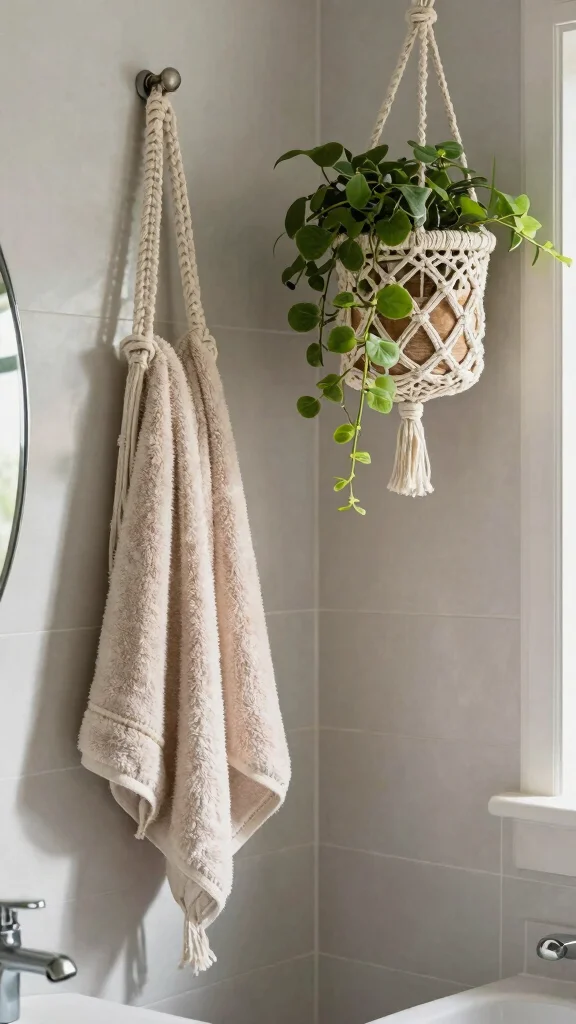 12 Bathroom Basket Ideas for Towels, Toiletries, and Tidy Surfaces - 8. Macrame Hanging Baskets 1