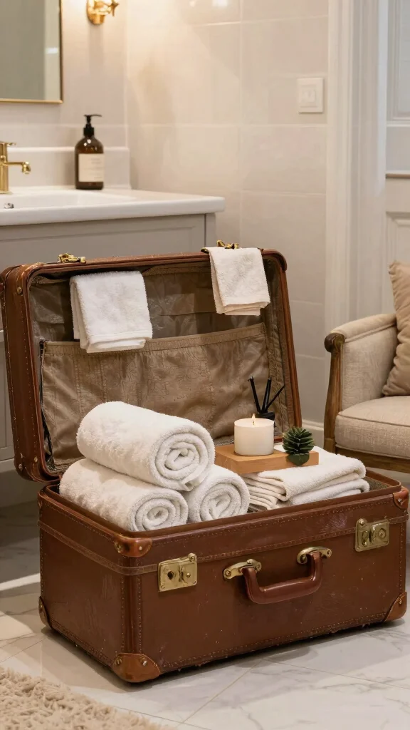 12 Bathroom Basket Ideas for Towels, Toiletries, and Tidy Surfaces - 9. Vintage Suitcase Storage 1
