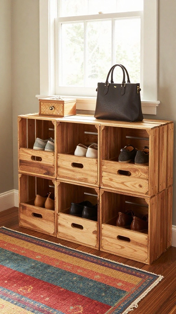 12 Entryway Basket Ideas for Shoes Bags Umbrellas and Drop-Zone Essentials - 4. Upcycled Crates for Functional Drop-Zone 1