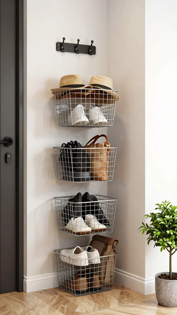 12 Entryway Basket Ideas for Shoes Bags Umbrellas and Drop-Zone Essentials - 5. Wire Baskets for Stylish Visibility 1