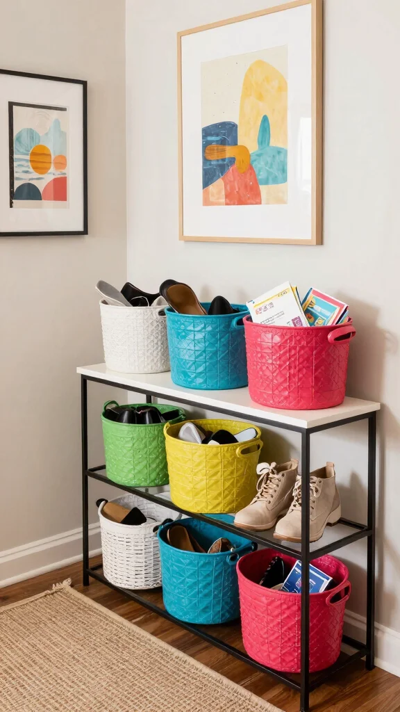 12 Entryway Basket Ideas for Shoes Bags Umbrellas and Drop-Zone Essentials - 7. Decorative Baskets for a Pop of Color 1