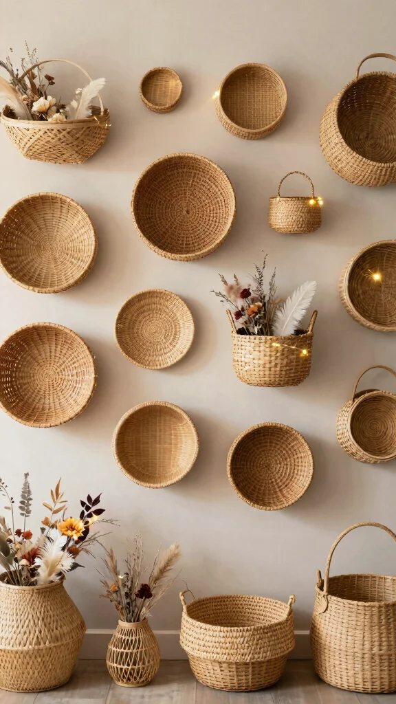 12 Hanging Wall Basket Ideas for a Boho Layered Display - 2. Rattan and Woven Wall Baskets 1