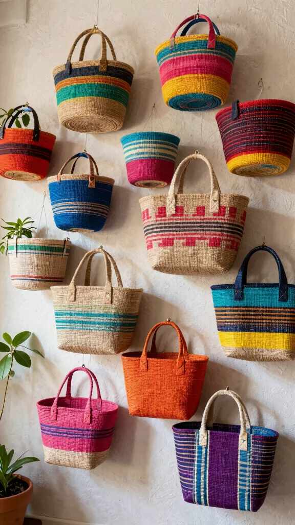 12 Hanging Wall Basket Ideas for a Boho Layered Display - 3. Colorful Textile Baskets 1