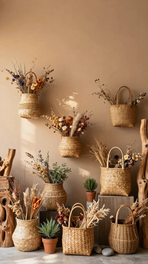 12 Hanging Wall Basket Ideas for a Boho Layered Display - 7. Nature-Inspired Basket Display 1
