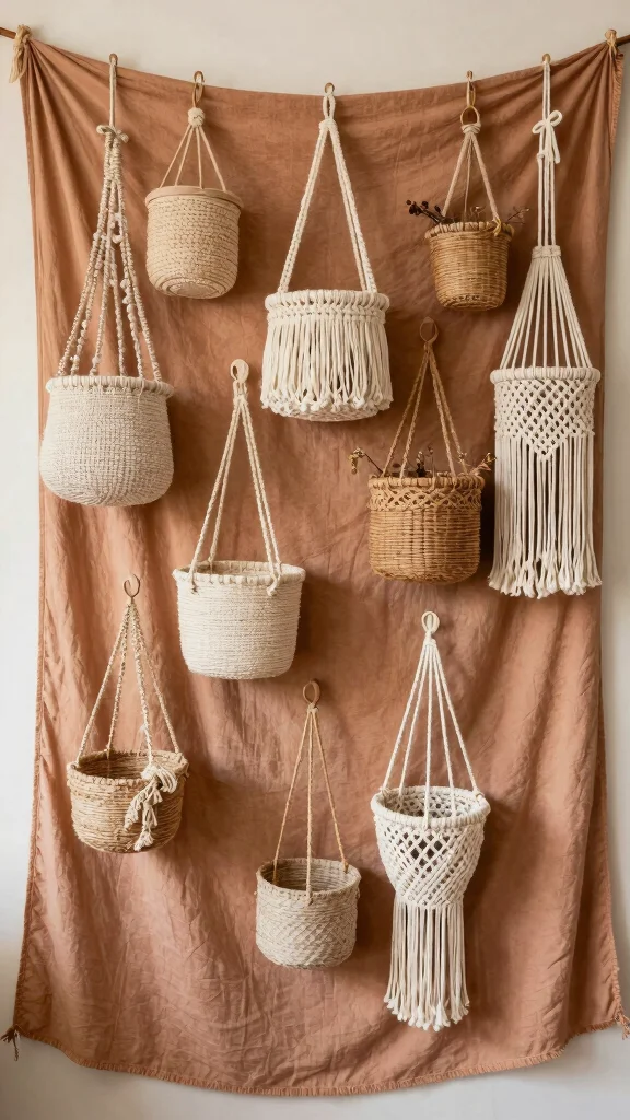 12 Hanging Wall Basket Ideas for a Boho Layered Display - 9. Layered Textiles 1
