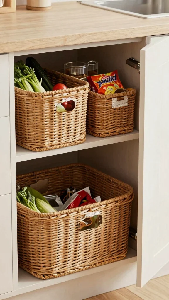 12 Kitchen Cabinet Basket Ideas for Pullout and Open Storage - 1. Chic Wicker Baskets for Pullout Shelves 1