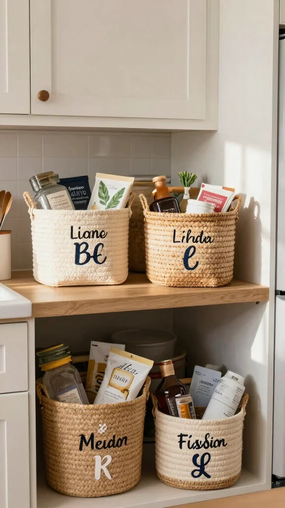 12 Kitchen Cabinet Basket Ideas for Pullout and Open Storage - 12. Personalized Baskets for a Unique Touch 1