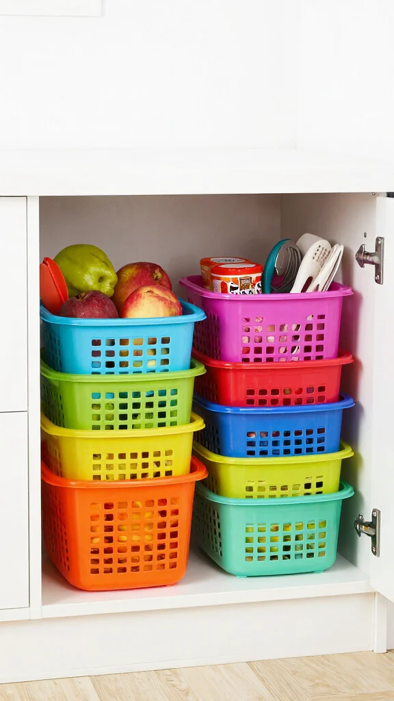 12 Kitchen Cabinet Basket Ideas for Pullout and Open Storage - 2. Bright and Bold Plastic Baskets 1