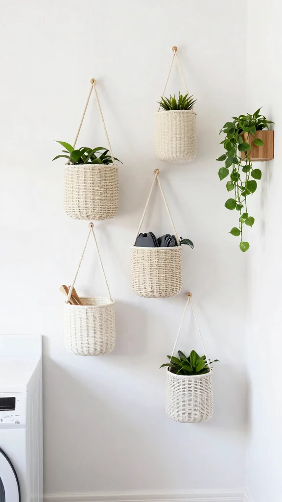 12 Laundry Room Basket Ideas for Sorted Accessible Clean and Dirty Loads - 11. Hanging Baskets for Vertical Storage 1