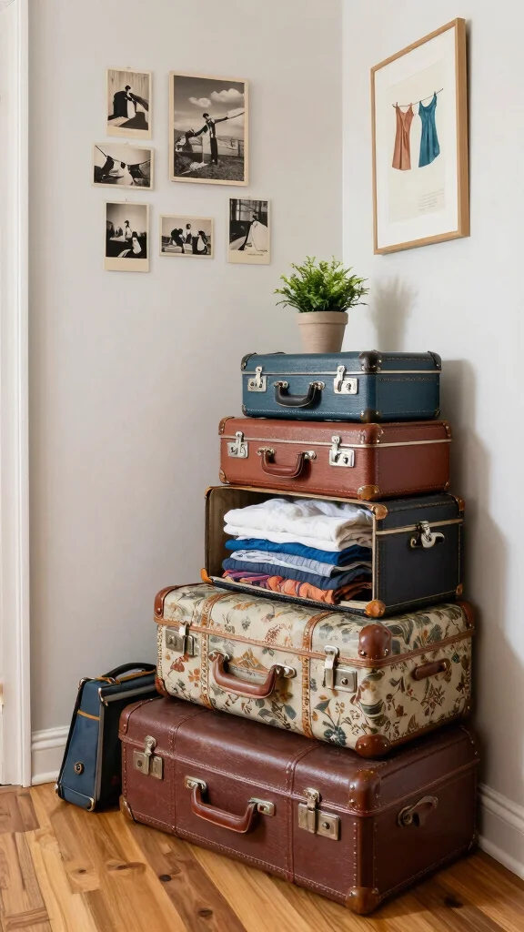 12 Laundry Room Basket Ideas for Sorted Accessible Clean and Dirty Loads - 4. Vintage Suitcases for a Retro Flair 1