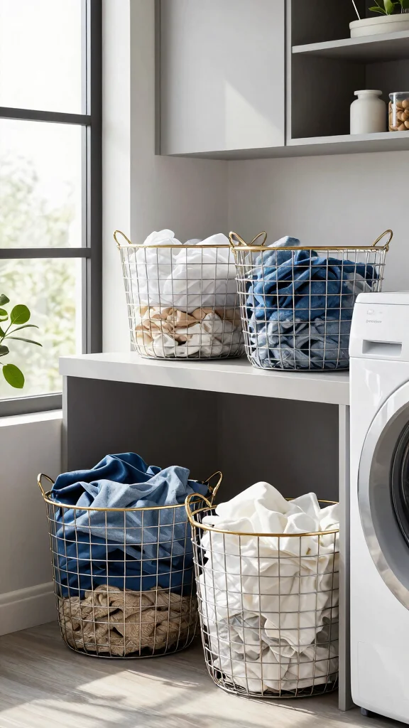 12 Laundry Room Basket Ideas for Sorted Accessible Clean and Dirty Loads - 5. Decorative Wire Baskets for Modern Aesthetics 1