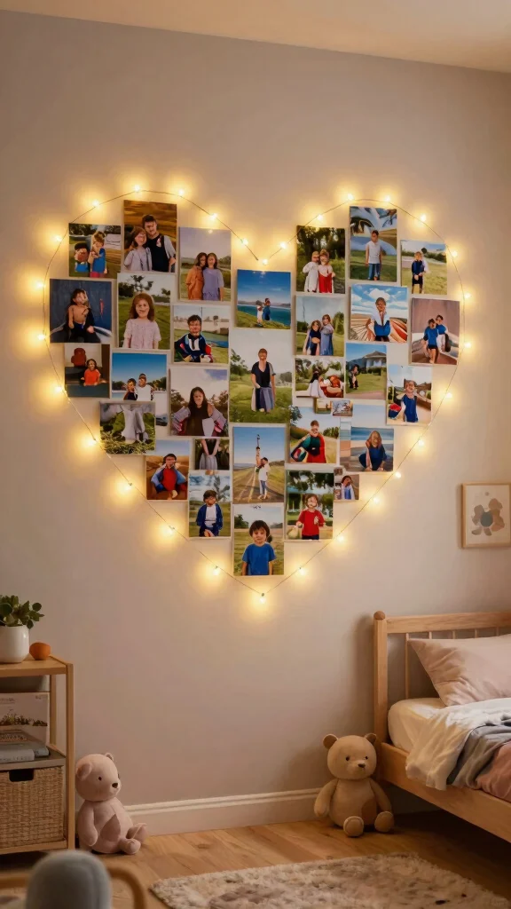 12 Picture Frame With Light Ideas for a Glowing Illuminated Wall Display - 5. String Light Photo Collage 1