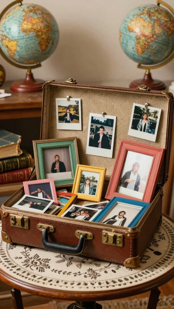 12 Polaroid Picture Frame Ideas for a Fun Nostalgic Photo Display - 8. Vintage Suitcase Display 1