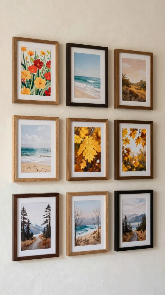12 Rustic Picture Frame Ideas for a Warm Textured Wall Display - 7. Seasonal Frame Rotation 1
