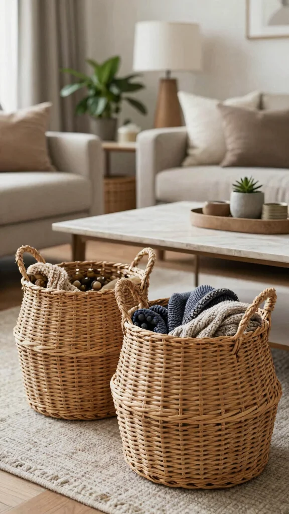 12 Under-Coffee Table Basket Ideas for Easy Living Room Storage - 12. Decorative Wicker Baskets 1