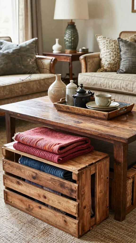 12 Under-Coffee Table Basket Ideas for Easy Living Room Storage - 2. Rustic Wooden Crates 1