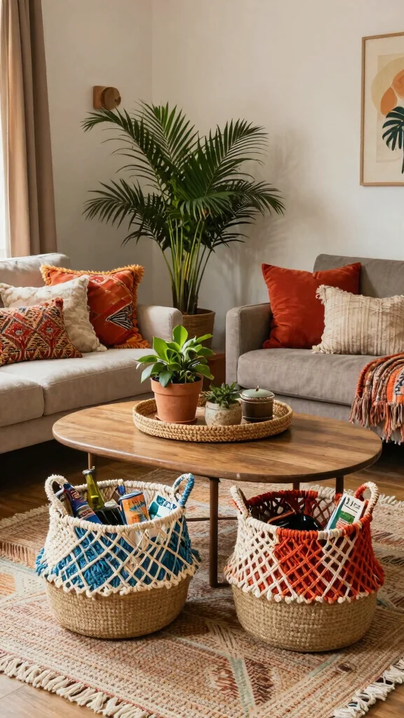 12 Under-Coffee Table Basket Ideas for Easy Living Room Storage - 3. Colorful Macrame Baskets 1