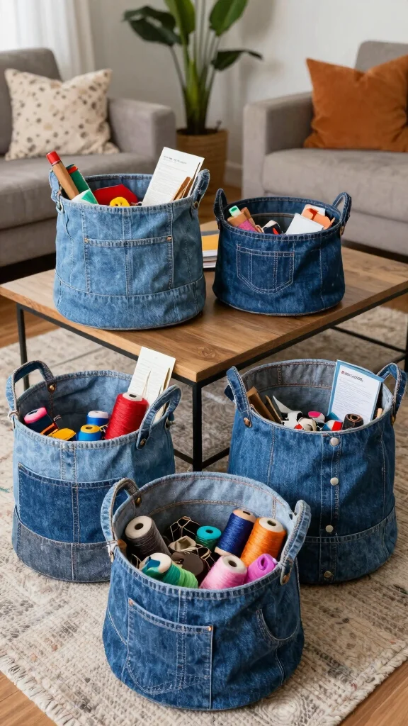 12 Under-Coffee Table Basket Ideas for Easy Living Room Storage - 7. Upcycled Denim Baskets 1
