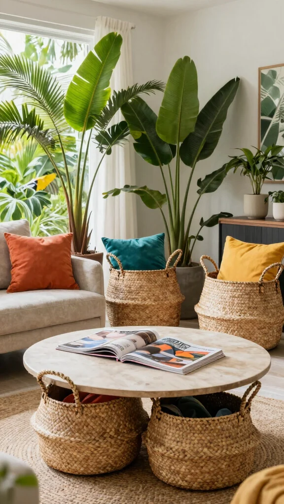 12 Under-Coffee Table Basket Ideas for Easy Living Room Storage - 8. Woven Palm Leaf Baskets 1