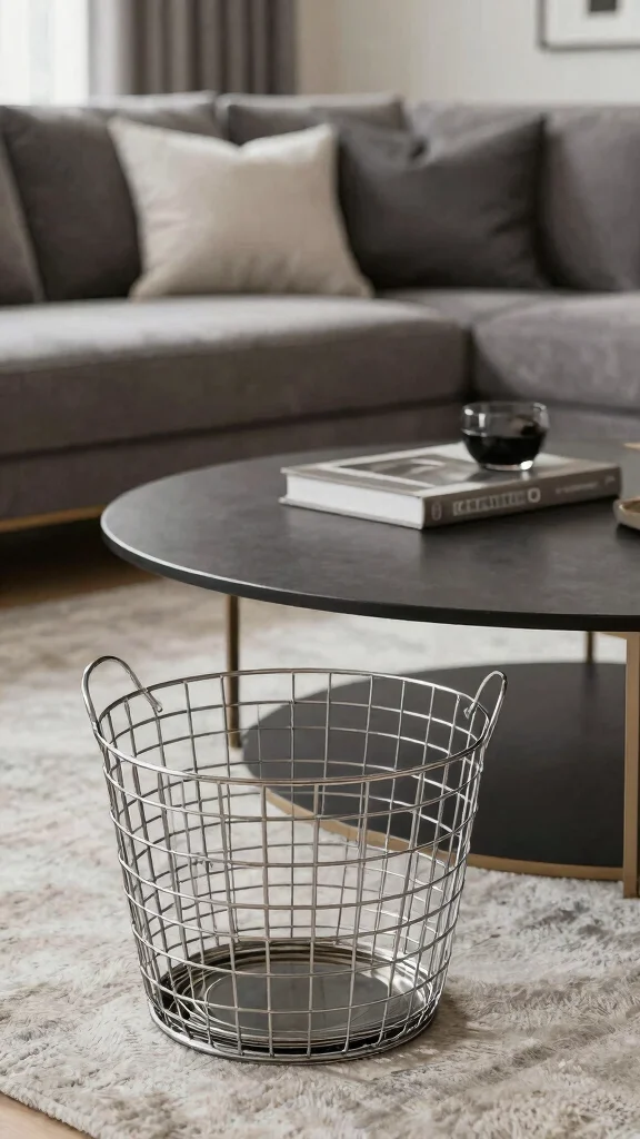 12 Under-Coffee Table Basket Ideas for Easy Living Room Storage - 9. Chic Metal Baskets 1