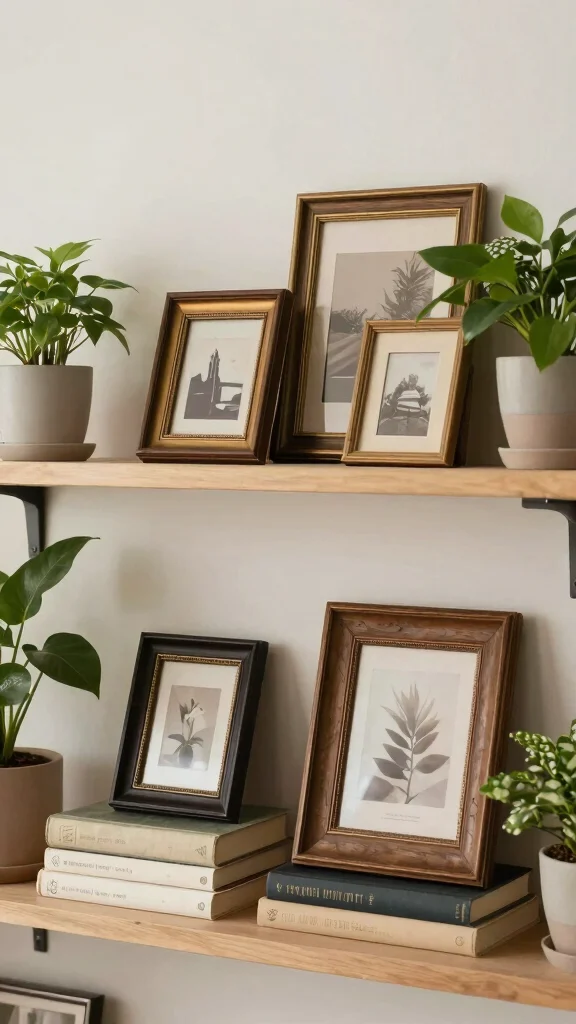 12 Vintage Picture Frame Ideas for Walls, Shelves, and Mantles - 2. Antique Frame Styling on Shelves 1