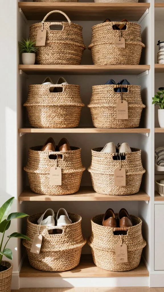 13 Closet Basket Ideas for Organized Shelves Shoes and Accessories - 1. Woven Seagrass Baskets for Shoes 1