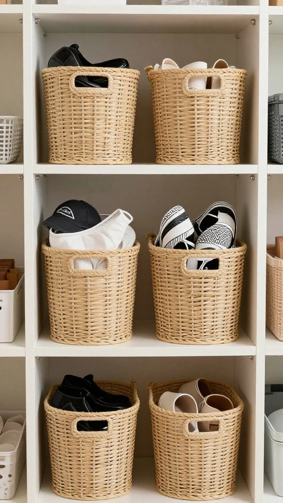 13 Closet Basket Ideas for Organized Shelves Shoes and Accessories - 13. Baskets with Handles for Easy Mobility 1