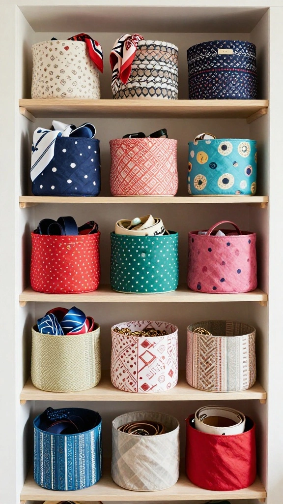 13 Closet Basket Ideas for Organized Shelves Shoes and Accessories - 2. Stylish Fabric Baskets for Accessories 1