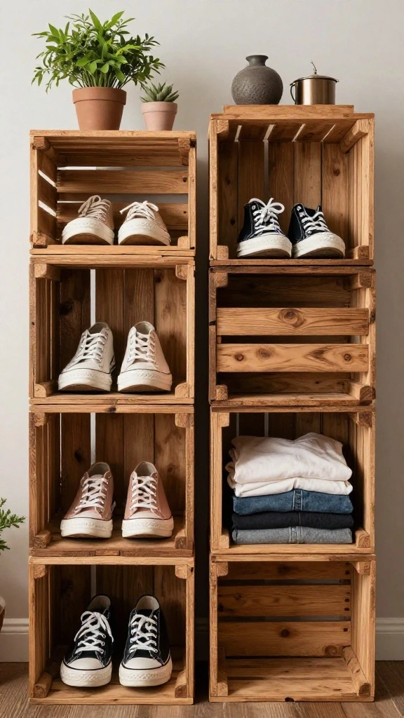 13 Closet Basket Ideas for Organized Shelves Shoes and Accessories - 3. Upcycled Wooden Crates for a Rustic Touch 1