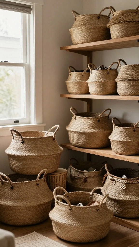 13 Closet Basket Ideas for Organized Shelves Shoes and Accessories - 5. Natural Fiber Baskets for a Bohemian Flair 1