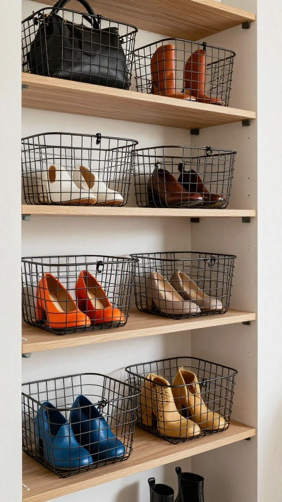 13 Closet Basket Ideas for Organized Shelves Shoes and Accessories - 6. Decorative Wire Baskets for Modern Appeal 1