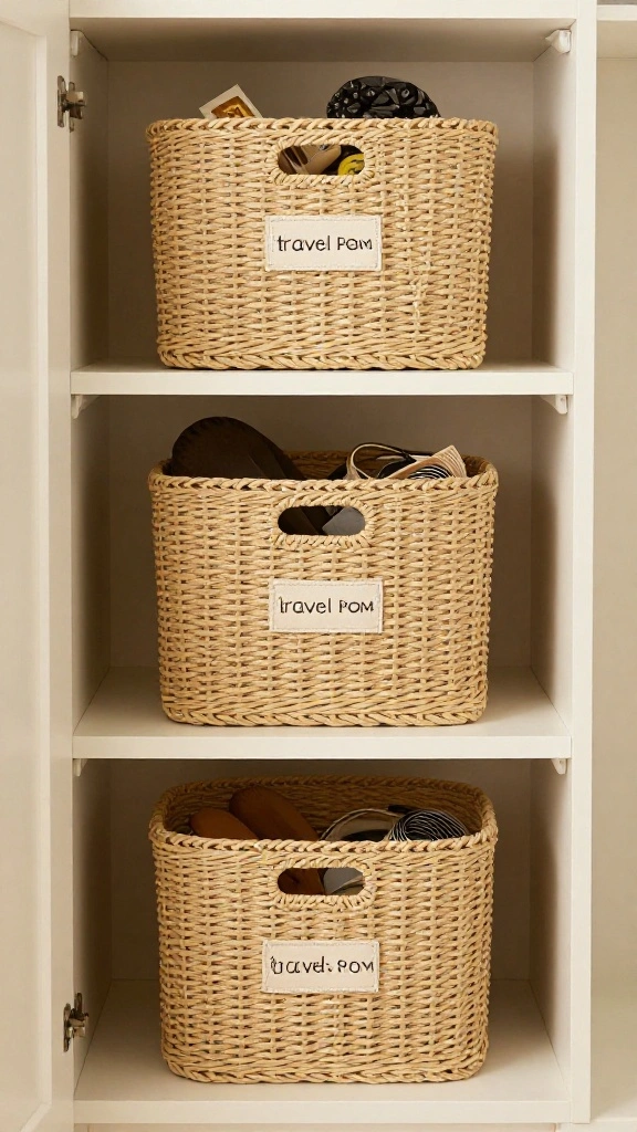 13 Closet Basket Ideas for Organized Shelves Shoes and Accessories - 7. Travel-Size Baskets for Seasonal Accessories 1
