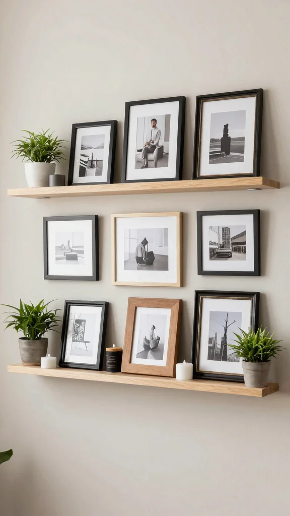 13 Collage Picture Frame Ideas for a Layered Personal Wall Display - 10. Gallery Shelf Display 1