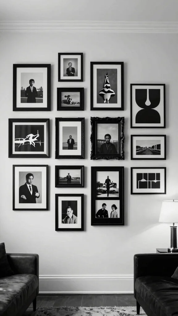 13 Collage Picture Frame Ideas for a Layered Personal Wall Display - 6. Black and White Gallery 1