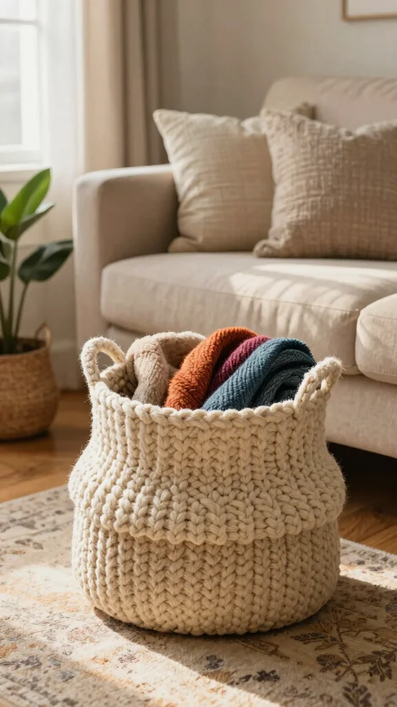 13 Living Room Basket Ideas for Cozy Textured Functional Storage - 1. Chunky Knit Baskets 1