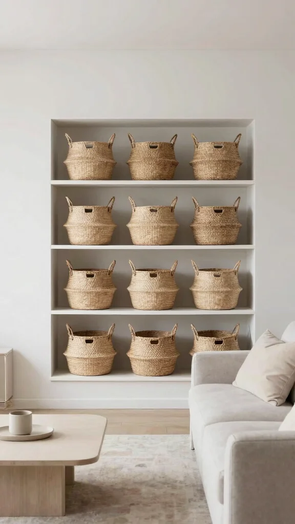 13 Living Room Basket Ideas for Cozy Textured Functional Storage - 10. Minimalist Woven Baskets 1
