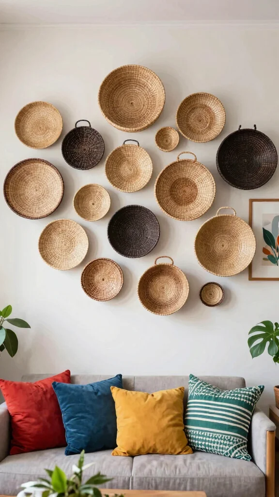 13 Living Room Basket Ideas for Cozy Textured Functional Storage - 11. Artistic Basket Displays 1