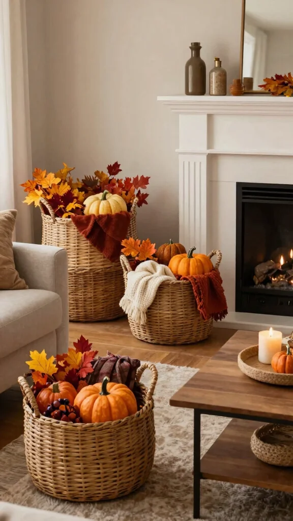 13 Living Room Basket Ideas for Cozy Textured Functional Storage - 12. Seasonal Decor Baskets 1