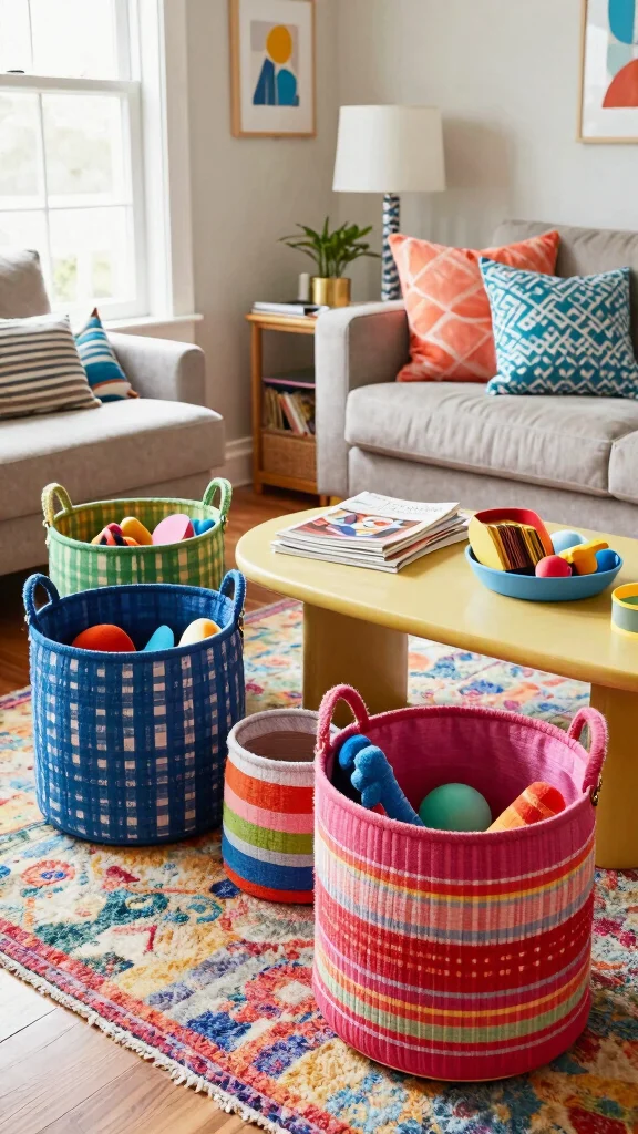 13 Living Room Basket Ideas for Cozy Textured Functional Storage - 3. Colorful Fabric Baskets 1
