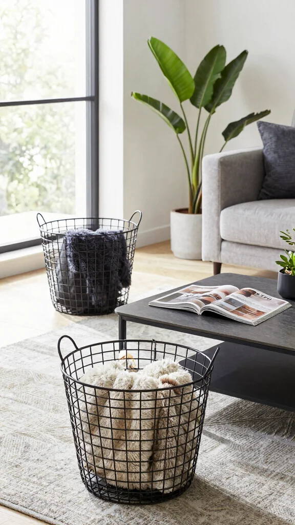 13 Living Room Basket Ideas for Cozy Textured Functional Storage - 5. Stylish Wire Baskets 1