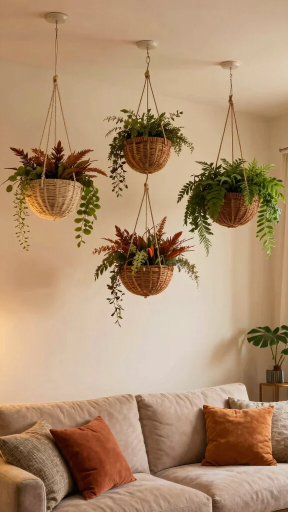 13 Living Room Basket Ideas for Cozy Textured Functional Storage - 6. Decorative Hanging Baskets 1