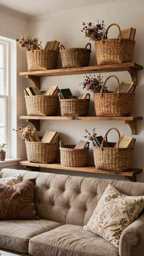 13 Living Room Basket Ideas for Cozy Textured Functional Storage - 9. Vintage Finds 1