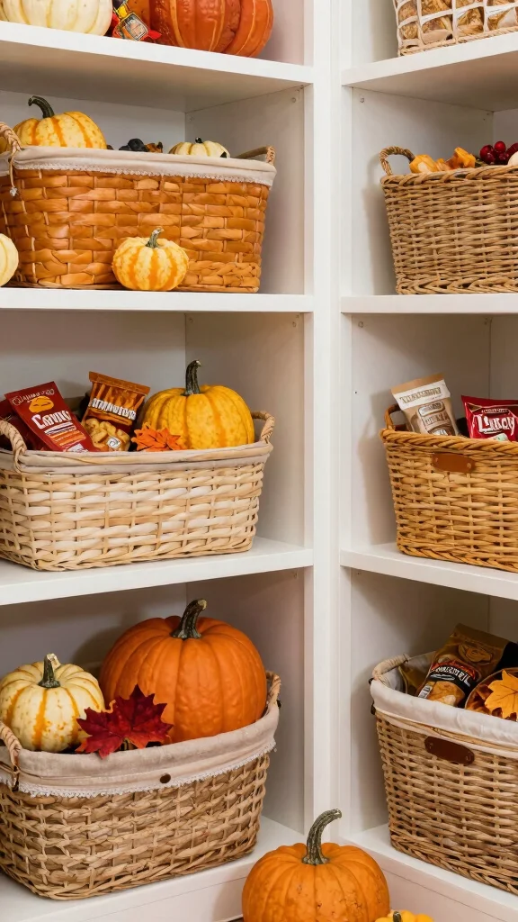 13 Pantry Basket Ideas for an Organized Beautiful Food Storage Space - 13. Seasonal Decor Baskets 1