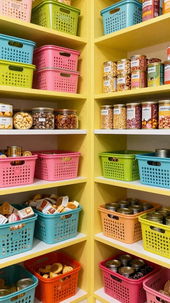 13 Pantry Basket Ideas for an Organized Beautiful Food Storage Space - 9. Color-Coded Baskets 1